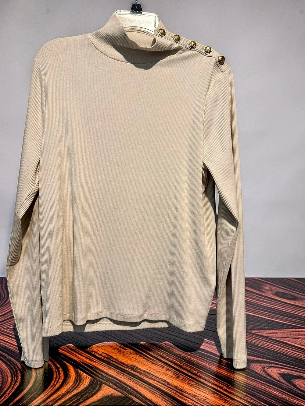 J.Crew Ribbed Gold Button Shoulder Mock Turtleneck Top Beige XL
